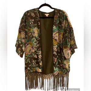 Xhilaration Velvet Floral Print Kimono with Fringe
